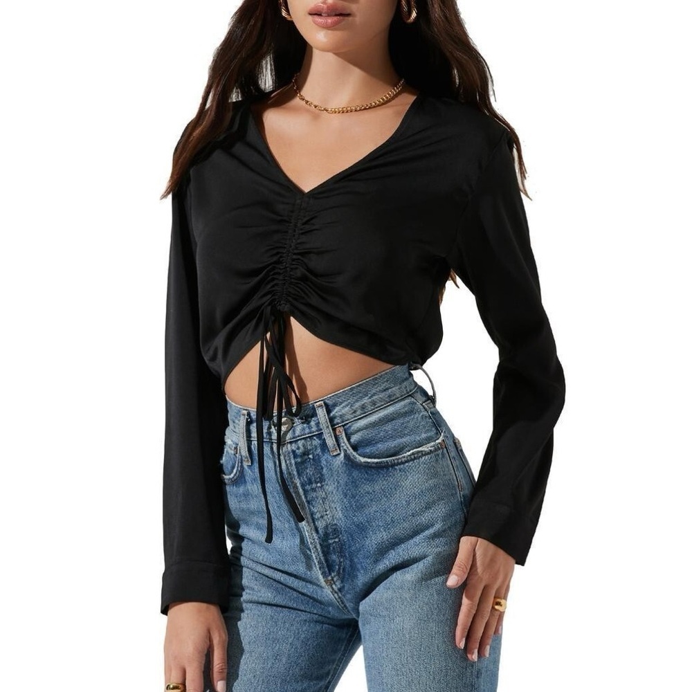 ASTR the Label Womens Black Satin Shirred Long Sleeve Blouse Top